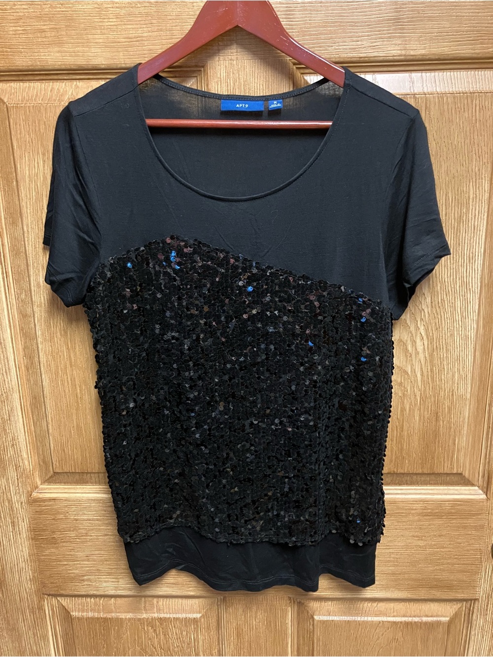 Apt. 9 Black Short-Sleeve Sequin Front Scoop Tee